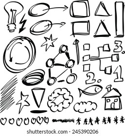Set hand drawn shapes, circle, square, star, triangle, line 