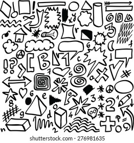 set hand drawn shapes, circle, square, triangle, numbers, letters, line,  vector design element icon