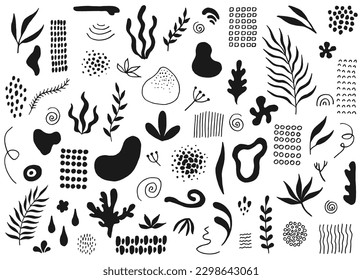 Satz handgezeichneter Formen. Kollektion von organischen Formen, Logo, Hintergründen, abstrakten Design-Elementen mit floralem Dekor. Vektorgrafik.