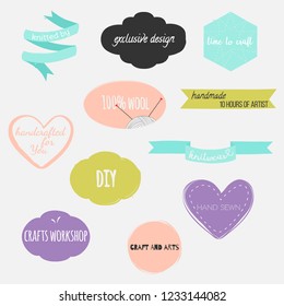 Set of hand drawn shapes in different colors with various lettering. Hearts, banners, circles and ribbons etc. Hand drawn vector various design elements for labels, tags or stamps and badges.