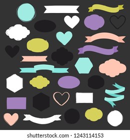 Set of hand drawn shapes in different colors. Hearts, banners, circles and ribbons etc. Hand drawn vector various design elements for labels, tags or stamps and badges.