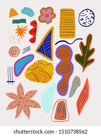 Set of hand drawn shapes and doodle objects. Creative texture with abstract brush strokes, freehand bright colors geometric elements. Aesthetic contemporary collage. Trendy set design