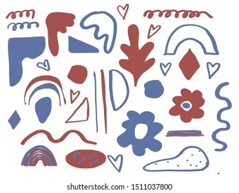 Set of hand drawn shapes and doodle objects. Creative texture with abstract brush strokes, freehand bright colors geometric elements. Aesthetic contemporary collage. Trendy set design