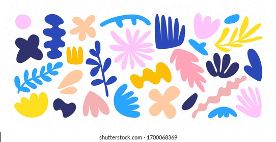 Set of hand drawn shapes and doodle design elements. Exotic jungle leaves, flowers and plants. Abstract contemporary modern trendy vector illustration. Perfect for posters, instagram posts, stickers.