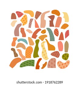 Conjunto de formas dibujadas a mano y elementos de diseño de garabatos. Ilustración vectorial contemporánea abstracta estilo corte. Colores y textura brillantes. Elementos naturales orgánicos simples aislados en blanco