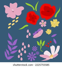 Set of hand drawn shapes and doodle design elements. Exotic jungle leaves, flowers and plants. Abstract contemporary modern trendy vector illustration. Perfect for posters, instagram posts, stickers.