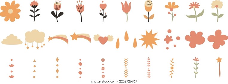 Conjunto de formas dibujadas a mano y elementos de diseño de garabatos. Flores y plantas. Resumen de la moderna y moderna ilustración vectorial. Perfecto para afiches, posts en instagram, stickers.