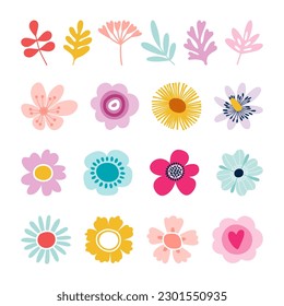 Set of hand drawn shapes and doodle design elements. Colourful single flowers and plants. Abstract contemporary modern trendy vector illustration. Perfect for posters, instagram posts, stickers.