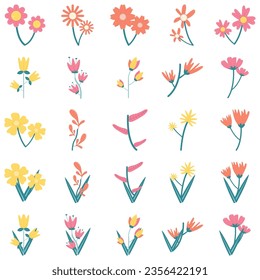 Conjunto de formas dibujadas a mano y elementos de diseño de garabatos. Hojas, flores y plantas exóticas de la jungla. Resumen de la ilustración vectorial de tendencia moderna contemporánea. Perfecto para afiches, posts en instagram, stickers.