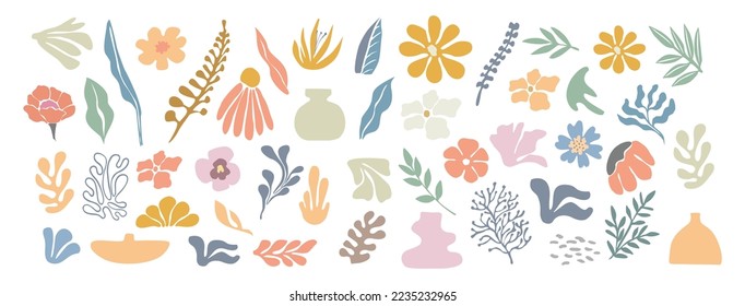 Set of hand drawn shapes and floral design elements. Exotic jungle leaves, flowers and algae. Abstract contemporary modern vector illustrations in trendy danish pastel colors on white background. 