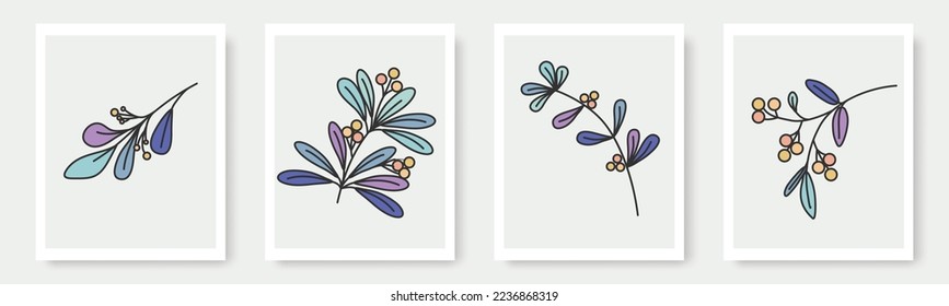 set of hand drawn shapes and floral leaf design elements. Exotic jungle leaves. Abstract contemporary modern trendy illustrations element icon