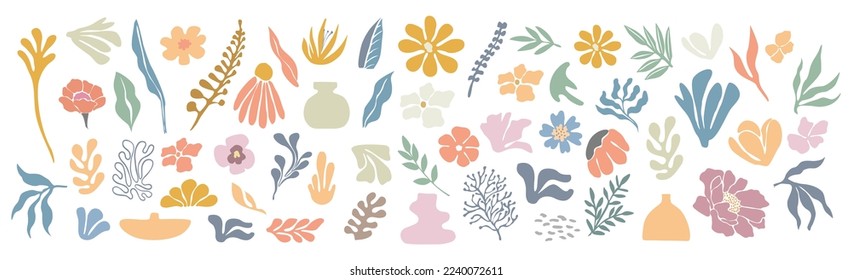 Set of hand drawn shapes and floral design elements. Exotic jungle leaves, flowers and algae. Abstract contemporary modern vector illustrations in trendy danish pastel colors on white background