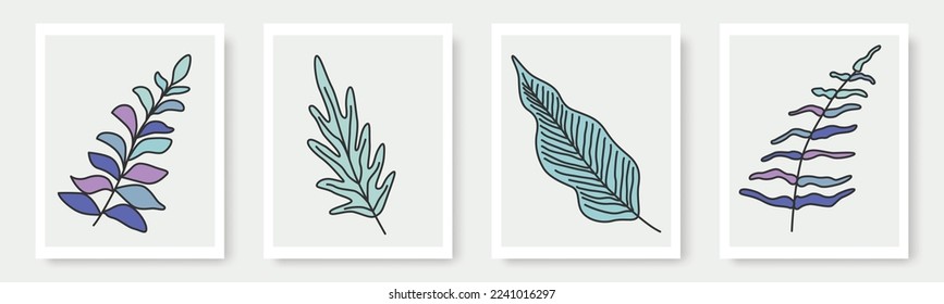 set of hand drawn shapes and floral leaf design elements. Exotic jungle leaves. Abstract contemporary modern trendy illustrations element icon