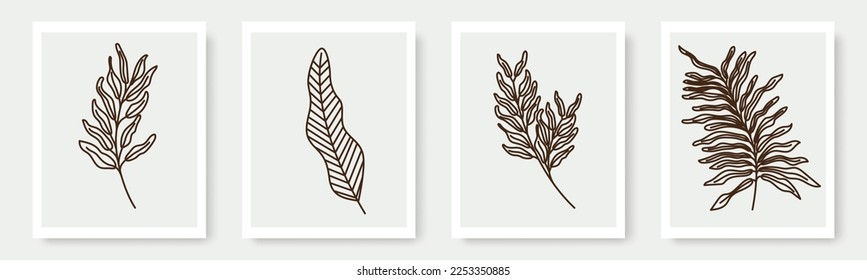 set of hand drawn shapes and floral leaf design elements. Exotic jungle leaves. Abstract contemporary modern trendy illustrations element icon