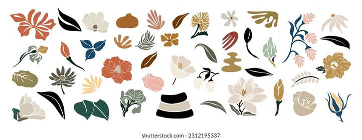 Set of hand drawn shapes and floral design elements. Exotic jungle leaves, flowers and algae. Abstract contemporary modern vector art illustrations in trendy danish pastel colors on white background.