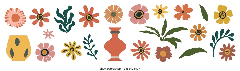 Set of hand drawn shapes and floral design elements. Exotic jungle leaves, flowers and algae. Abstract contemporary modern trendy illustrations isolated on white background. Digital stickers.