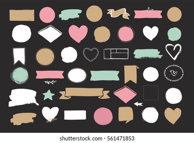 Set of hand drawn shapes - hearts, ribbons, banners and circles, Vector design elements