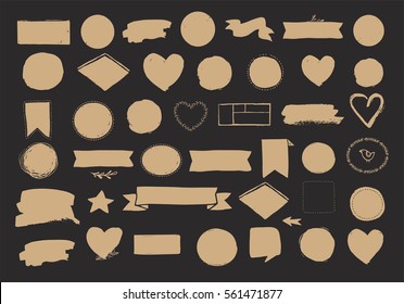 Set of hand drawn shapes - hearts, ribbons, banners and circles, Vector design elements