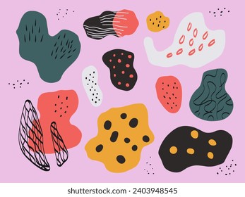 Establecer formas dibujadas a mano aisladas en el fondo rosado. Diseño colorido con formas de doodle natural. Colección de figuras orgánicas líquidas. Ilustración vectorial naive.