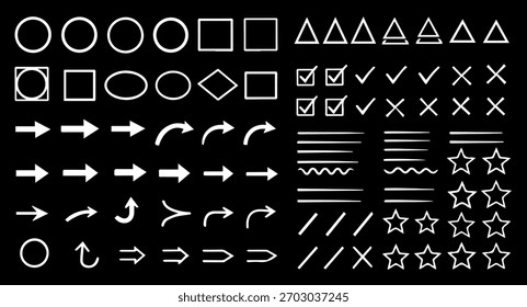Conjunto de formas desenhadas à mão, incluindo círculos, quadrados, triângulos, marcas de seleção, setas, linhas e estrelas, para projetos de design e criação