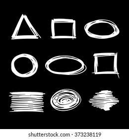 Set of hand drawn shapes on black background. Vector white chalk doodles scribble. Sketchy frames