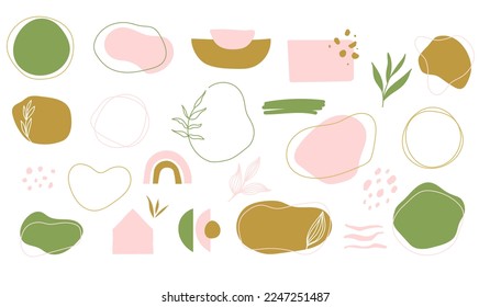 Conjunto de formas dibujadas a mano en tonos verde salvia, dorado y rosa rubor. Colección de formas orgánicas, logotipo, fondo,elementos de diseño abstracto con decoración floral.Ilustración vectorial en colores tierra