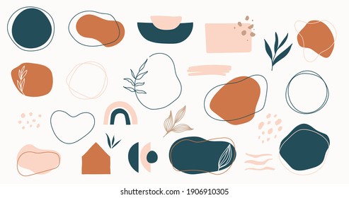 Set Of Hand Drawn Shapes In Terracotta, Navy Blue And Blush Pink Colors. Collection Of Organic Shapes, Logo, Backgrounds,abstract Design Elements With Floral Decor.Vector Illustration In Earthy Colors