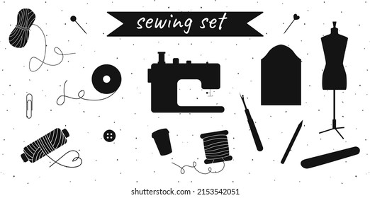 Set of hand drawn shilhouettes of tools for sewing isolated on white bg