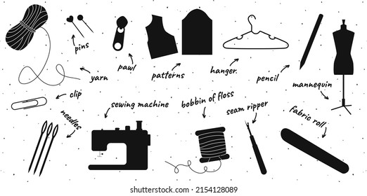 Set of hand drawn shilhouettes of tools for sewing, knitting, crocheting isolated on white bg