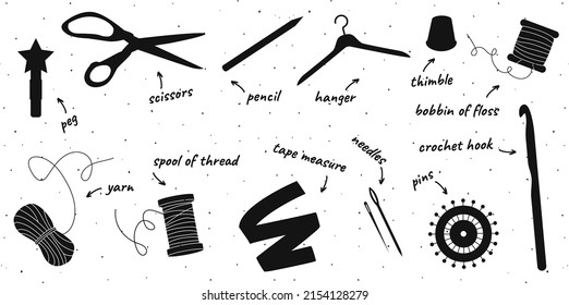 Set of hand drawn shilhouettes of tools for sewing, knitting, crocheting isolated on white bg