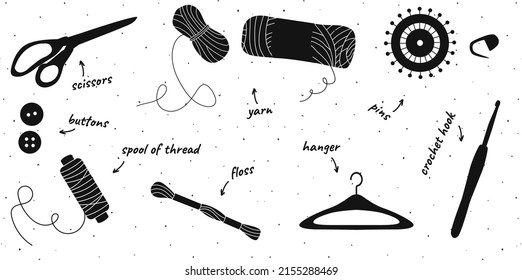 Set of hand drawn shilhouettes of tools for sewing, knitting, crocheting isolated on white bg