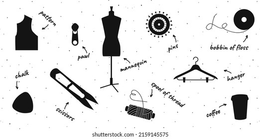 Set of hand drawn shilhouettes of tools for sewing, knitting, crocheting isolated on white bg