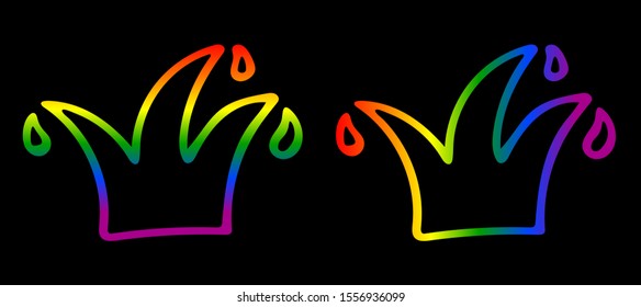 Set of hand drawn shining crowns of rainbow colors. Grunge doodle style multicolored diadem silhouettes brush painted on black background. LGBT, CSD pride, National Coming Out Day. Vector illustration