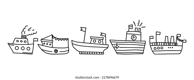 Conjunto de barcos dibujados a mano. Ilustración del vector Doodle. Aislado sobre un fondo blanco. Vibra de verano