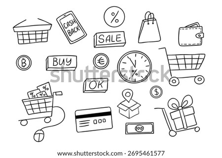 Set of hand drawn shopping and e-commerce icons including carts, bags, wallets and sale signs. Concept of online shopping, retail marketing and consumer purchasing elements