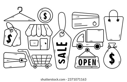 Set of Hand Drawn Shopping Icons, Vector Doodle Elements