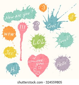 Set of hand drawn short messages placed on the colorful ink splashes, blots and heart. How are you, cool, LOL, Great!, WOW, Hello!, Hi!, I love you  etc.