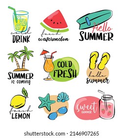 Set of hand drawn signs and banners elements travel. Hello summer symbols and objects.