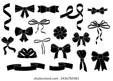 Set of hand drawn silhouette black bows and ribbons. Bowknot for decoration	
