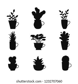 Set of hand drawn silhouette plants in cup. Cartoon hand drawning plants. Vector illustration in sketch doodle cute style.