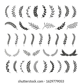 Set of hand drawn silhouette tree branches with laurel, oak and olive foliate. Vector illustration for your frame, border, ornament design, wreaths depicting an award, heraldry, nobility, emblem, logo