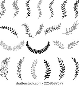 Set of hand drawn silhouette tree branches with laurel, oak and olive foliate. Vector illustration for your frame, border, ornament design, wreaths depicting an award, heraldry, nobility, emblem, logo