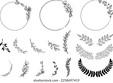 Set of hand drawn silhouette tree branches with laurel, oak and olive foliate. Vector illustration for your frame, border, ornament design, wreaths depicting an award, heraldry, nobility, emblem, logo