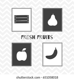 Set of hand drawn silhouettes: apple, banana, wooden box and pear. Fruit posters. Vector illustration