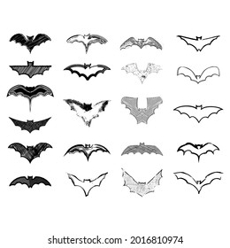 Set of  hand drawn silhouettes of bats isolated on white background. Collection of flittermouse doodle symbols. Ink drawn bat vampire. Scary Halloween traditional design element. Vector illustration