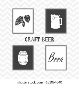Set of hand drawn silhouettes: beer mug, hop branch, sign "Beer" and barrel. Brewery posters. Vector illustration