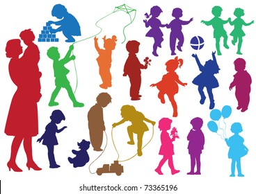 Set of hand drawn silhouettes of  children (kids) and mother and the baby, children play, dance, walk, give flowers, reflect. Vector illustration.