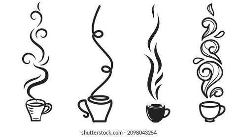 Set hand drawn silhouettes coffee cup with waves of steam isolated on white background. Collection minimalistic design elements different style. Modern vector illustration.