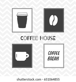 Set of hand drawn silhouettes: coffee bean, mug, paper cup and sign. Coffee shop posters. Vector illustration