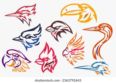 Set hand drawn silhouettes head birds heron, parrot, red cardinal, sparrow, kingfisher, toucan, woodpecker, blue jay. Template for design mascot, label, badge, emblem, print. Color illustration.